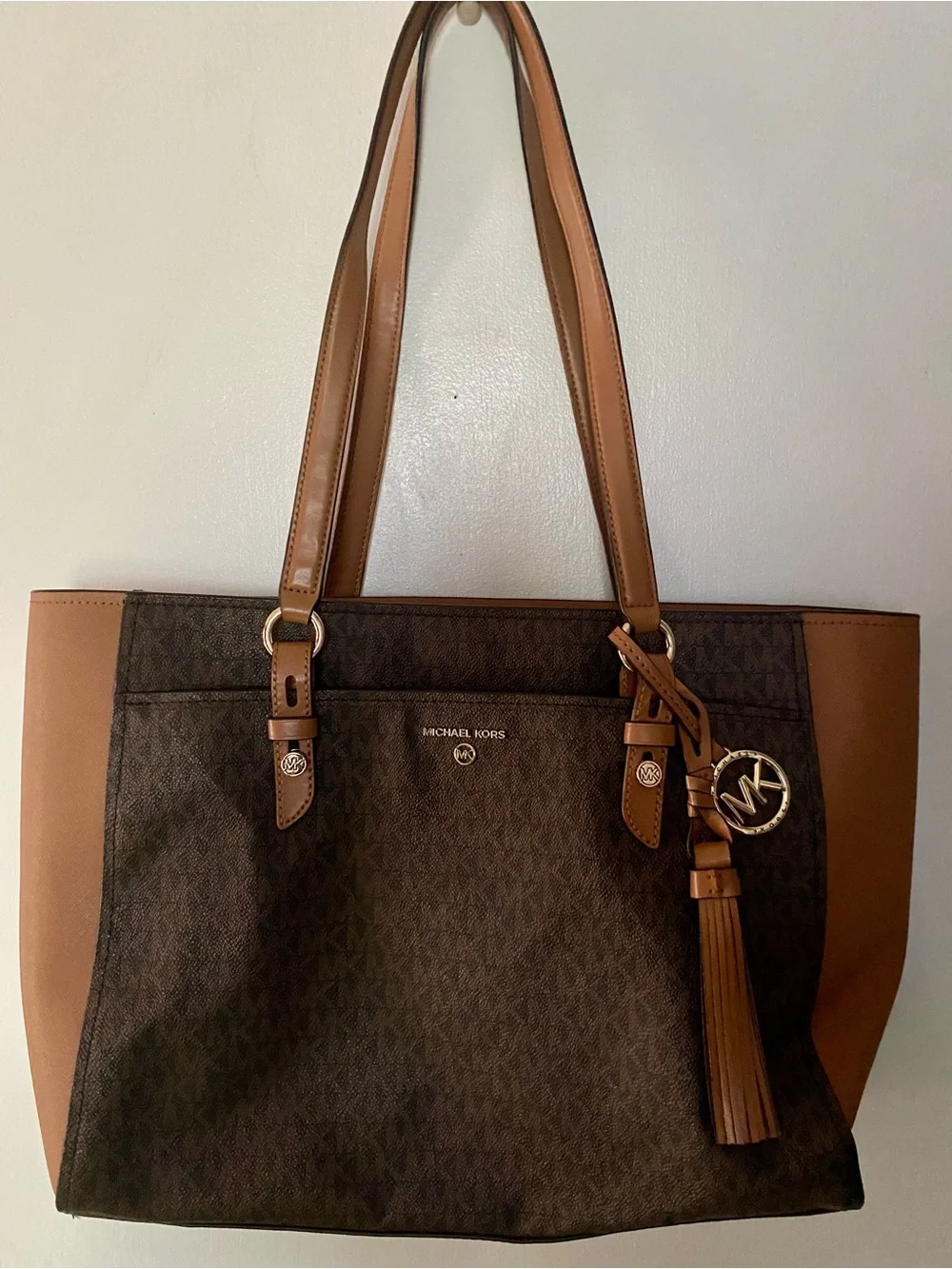 Michael Kors Black & Brown Leather Tech Purse/Tote/Bag with Charm & Tassel